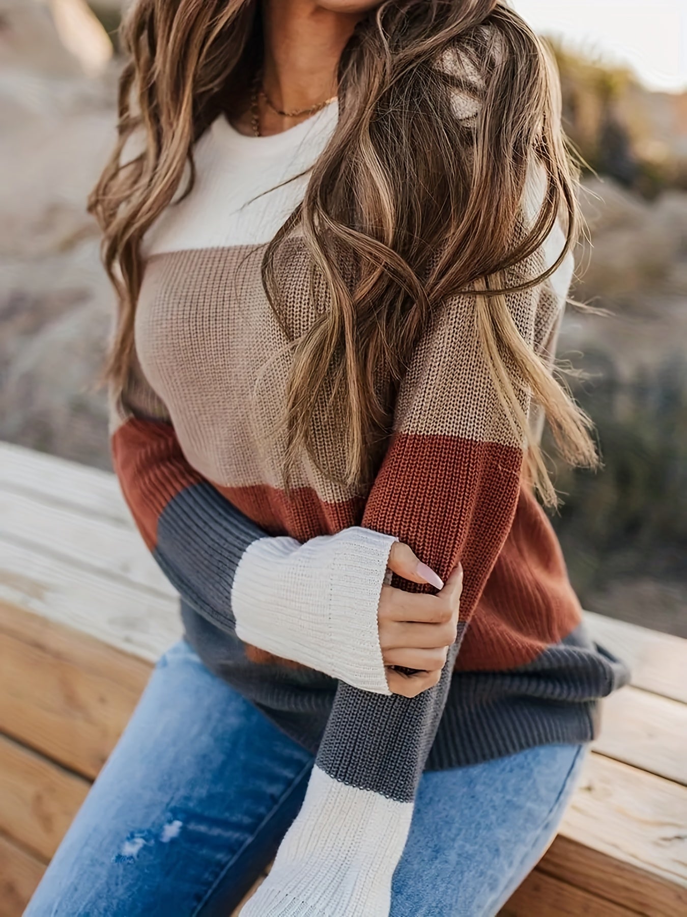 Striped Pattern Knitwear Tops, Crew Neck Long Sleeve Pullover Sweaters, Color Block Shirts, Women's Clothing