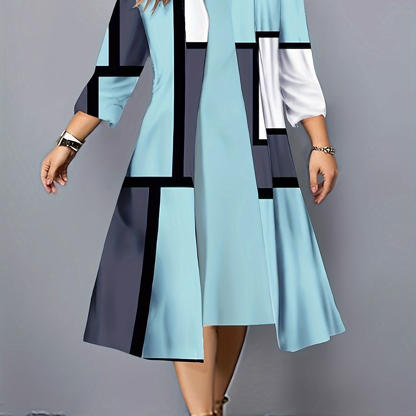 Plus Size Geometric Print Two-piece Dress Set, Crew Neck Tank Dress & 3/4 Sleeve Open Front Top Outfits, Women's Plus Size Clothing