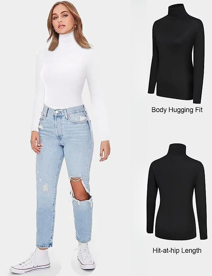 2-Pack Women'S Warm High Neck Turtleneck Long Sleeve Shirts, Casual Solid Color Knit Fabric Tops, Polyester 90% Spandex 10%, Regular Length for Fall/Winter