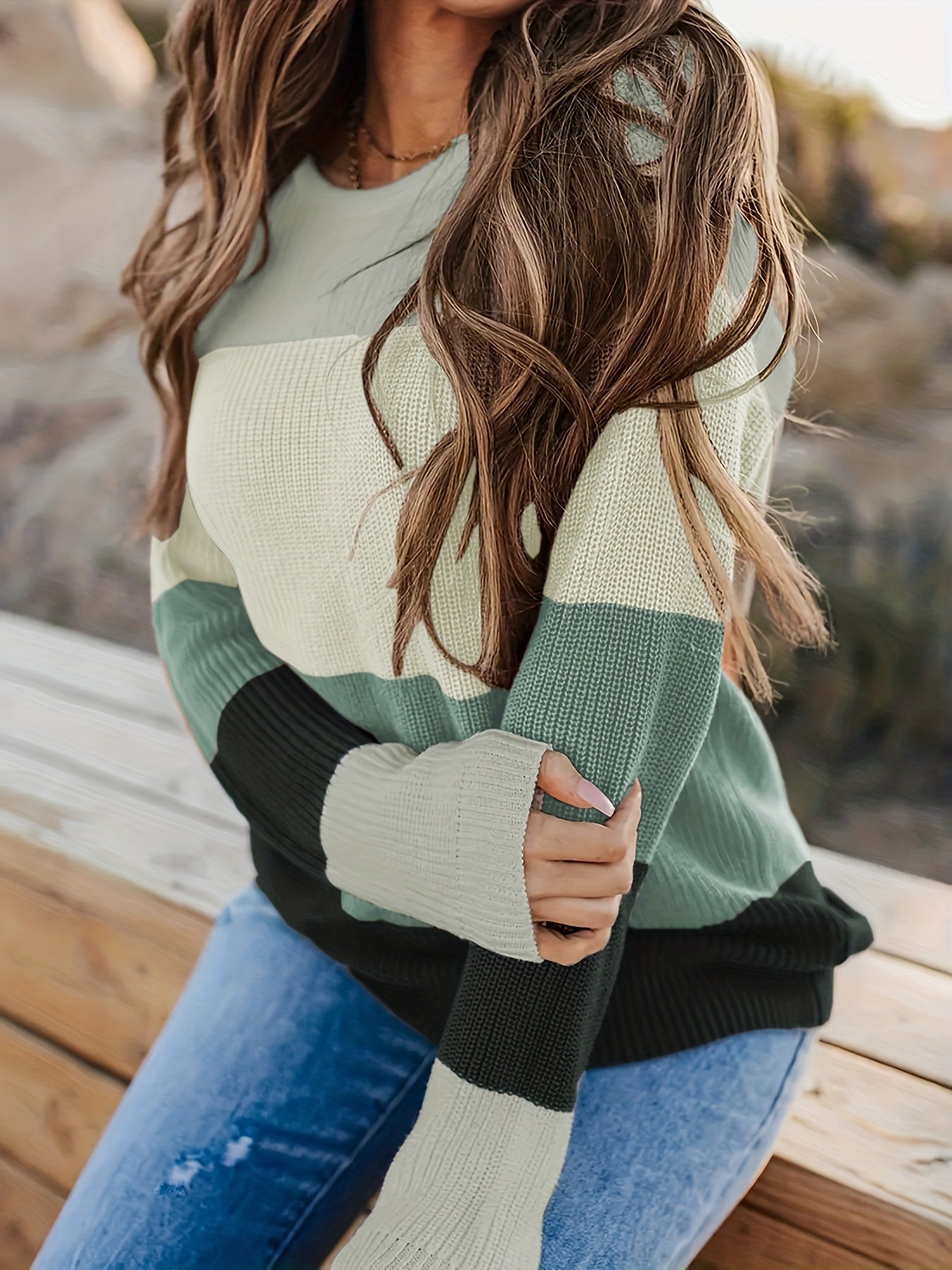 Striped Pattern Knitwear Tops, Crew Neck Long Sleeve Pullover Sweaters, Color Block Shirts, Women's Clothing