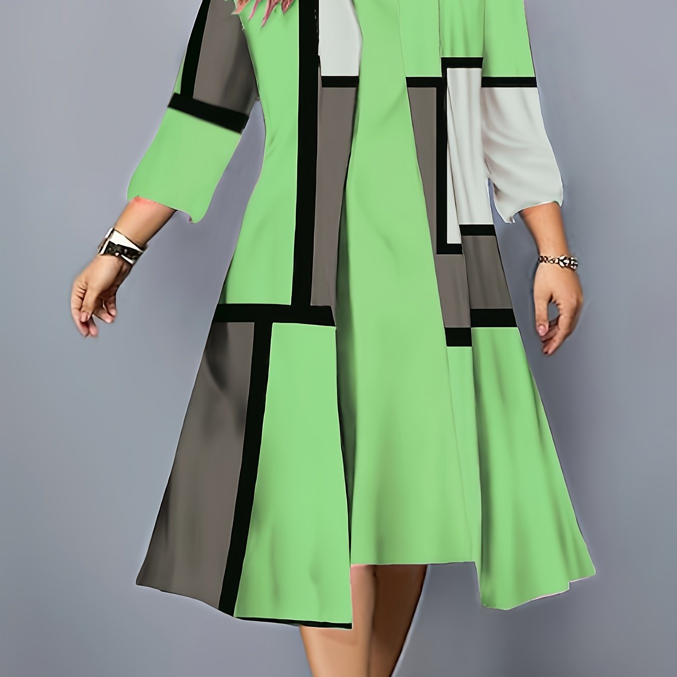 Plus Size Geometric Print Two-piece Dress Set, Crew Neck Tank Dress & 3/4 Sleeve Open Front Top Outfits, Women's Plus Size Clothing