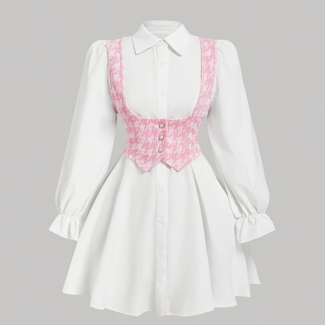 Women'S New Arrival Button-Decorated Little Chic Vest Long Sleeve Shirt Two-Piece Dress, Stylish and Elegant Commuting Outing Daily Wear Party Date Tea Party Dress, Suitable for Spring, Autumn and Winter