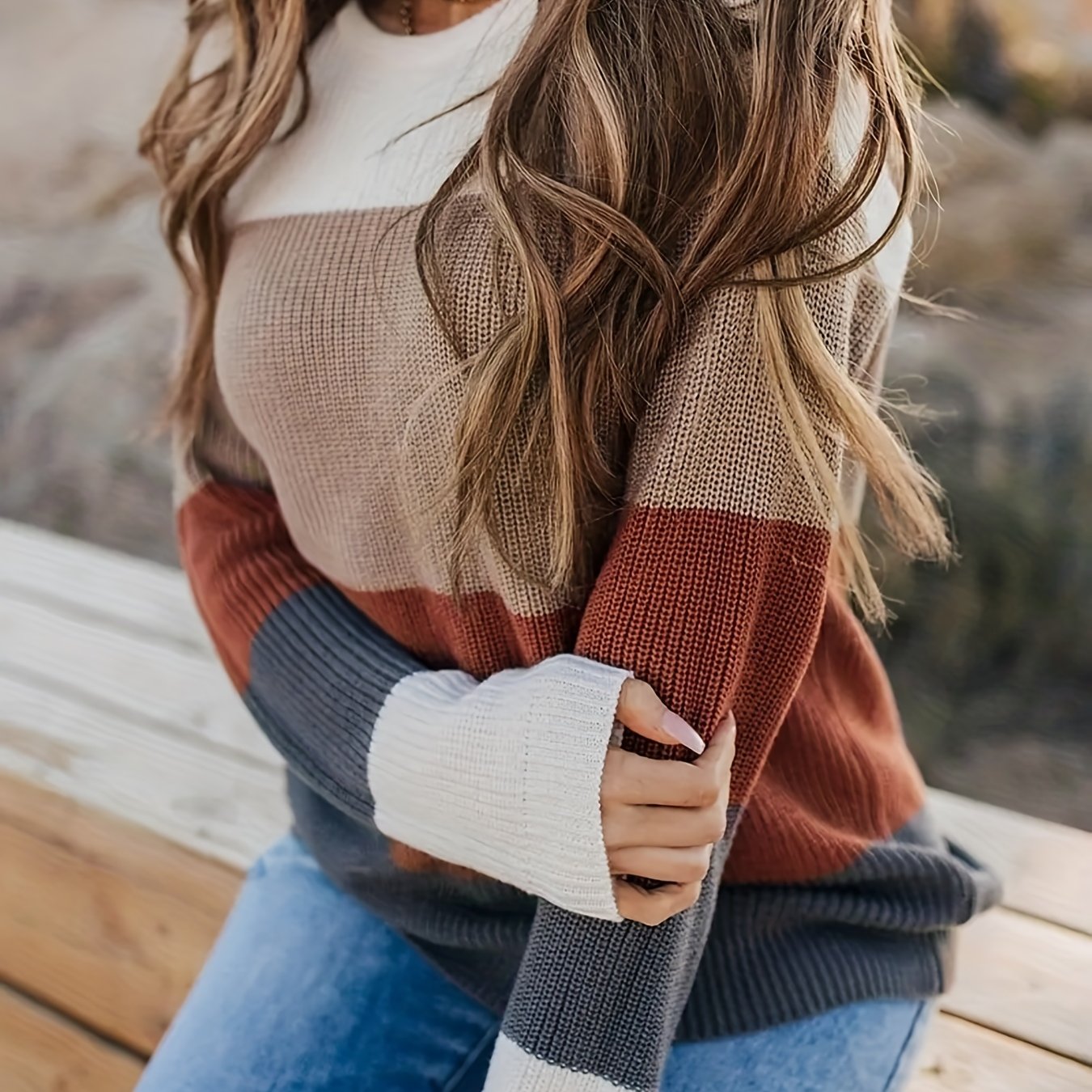 Striped Pattern Knitwear Tops, Crew Neck Long Sleeve Pullover Sweaters, Color Block Shirts, Women's Clothing