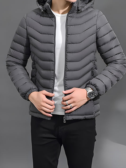 Men's Elegant Hooded Winter Jacket - Warm, Windproof with Removable Hood & Zipper Pockets