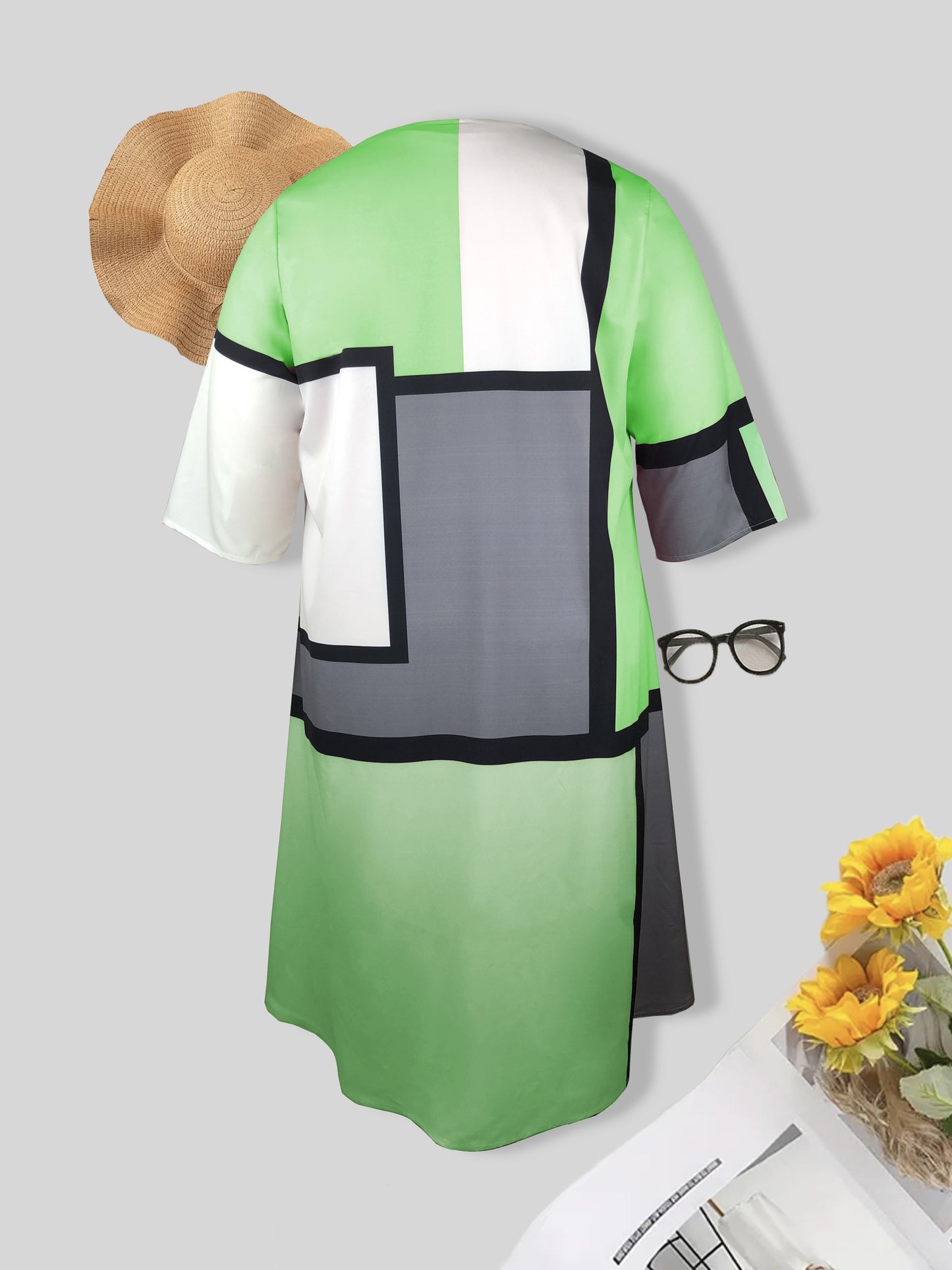 Plus Size Geometric Print Two-piece Dress Set, Crew Neck Tank Dress & 3/4 Sleeve Open Front Top Outfits, Women's Plus Size Clothing