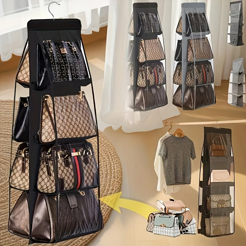 1pc LDQ Multi-Layer Handbag Organizer with 8 Pockets - Foldable Oxford Cloth Hanging Storage Rack, Space-Saving Closet Organizer for Handbags, Purses & Accessories, Durable Black & Gray Design, Perfect for Christmas, Hallowee