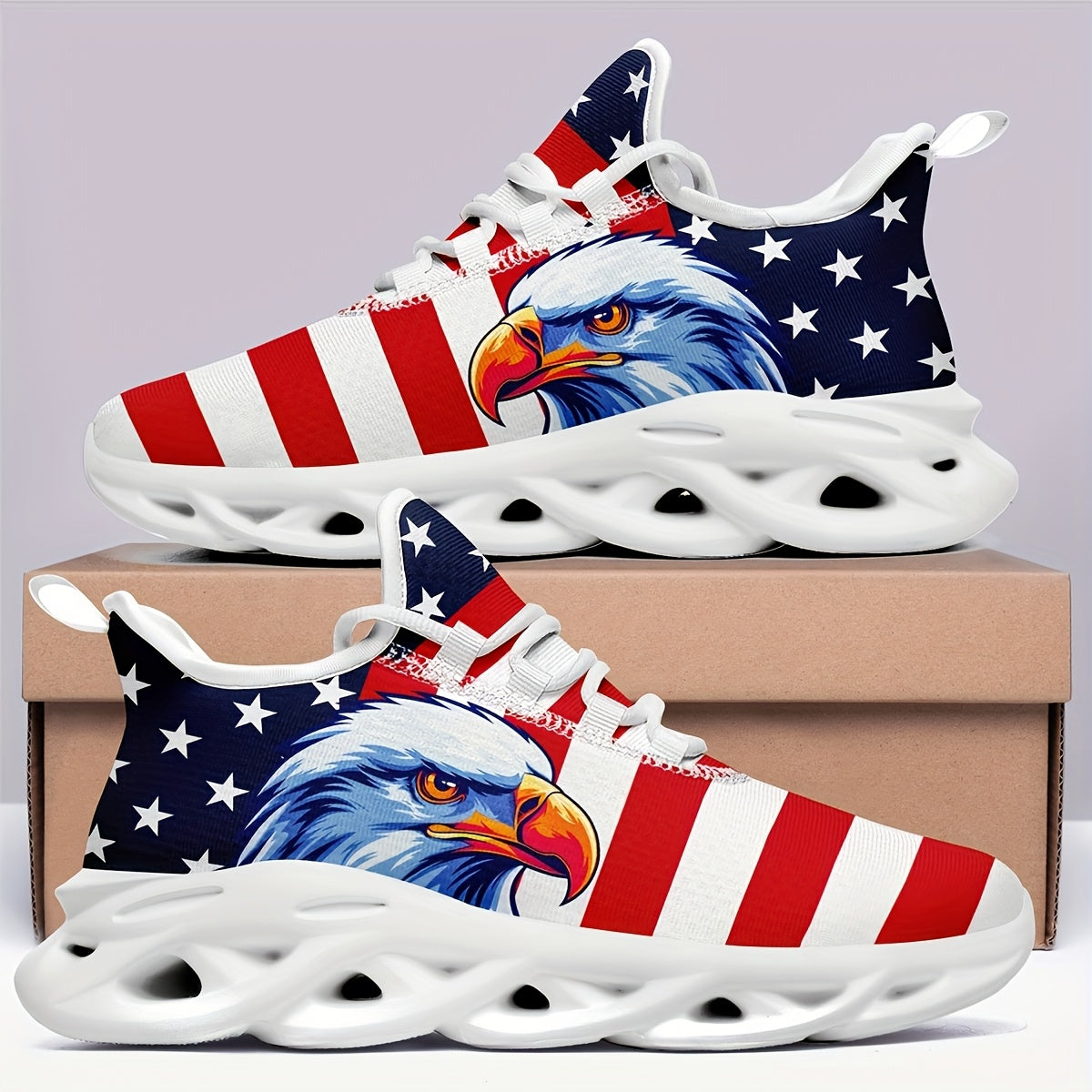 Women's American Flag & Eagle Patriotic Sneakers - Red White &  Low-Top Sneakers with Arch, Cushioned Sole, All-Season Comfort - Ideal for Casual, Sports & 4th of July Events - Breathable Mesh & Lace-Up Closure - Lightweight