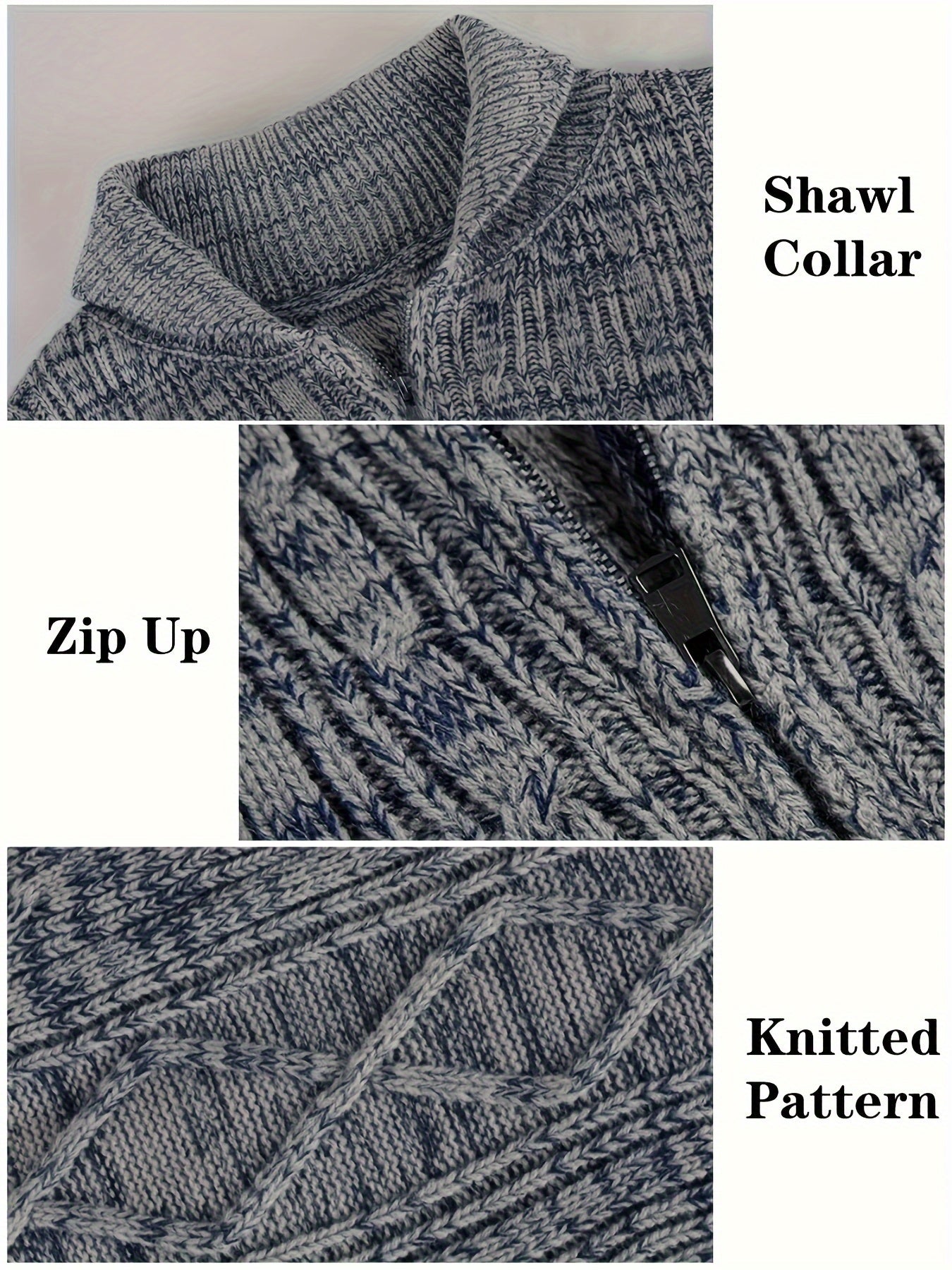 Mens Shawl Neck Cardigan Sweater Cable Knit Zip Up Closure with Pockets Winter Jacket Outerwear