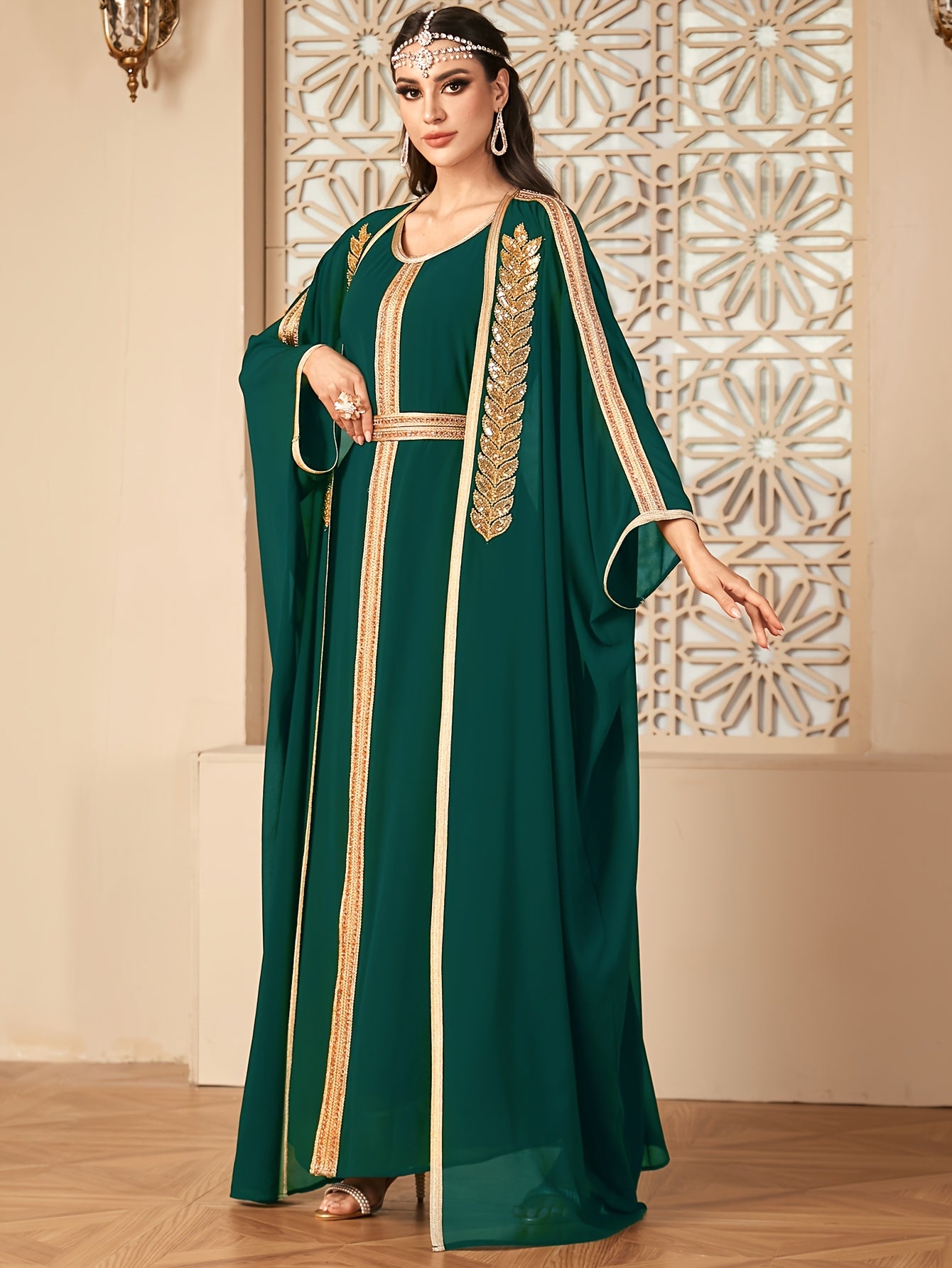 【Targeted】Middle East New Arrival Vest Dress + Open Cardigan Sequin Paneled Webbing Batwing Sleeve Long Robe Two-Piece Dress Set