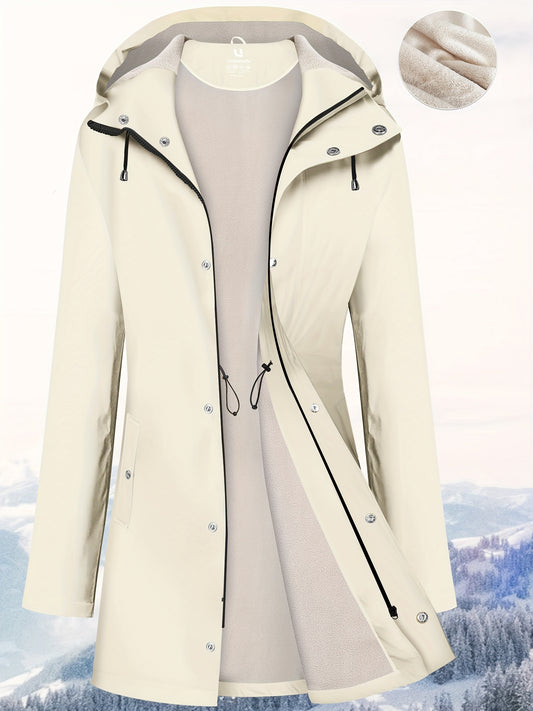Women's Winter Jacket Raincoat With Fleece Lining, Casual Style, Waterproof, Adjustable Cuffs & Drawstring Waist, Thermal Reflective Fabric, Breathable Hooded Outerwear