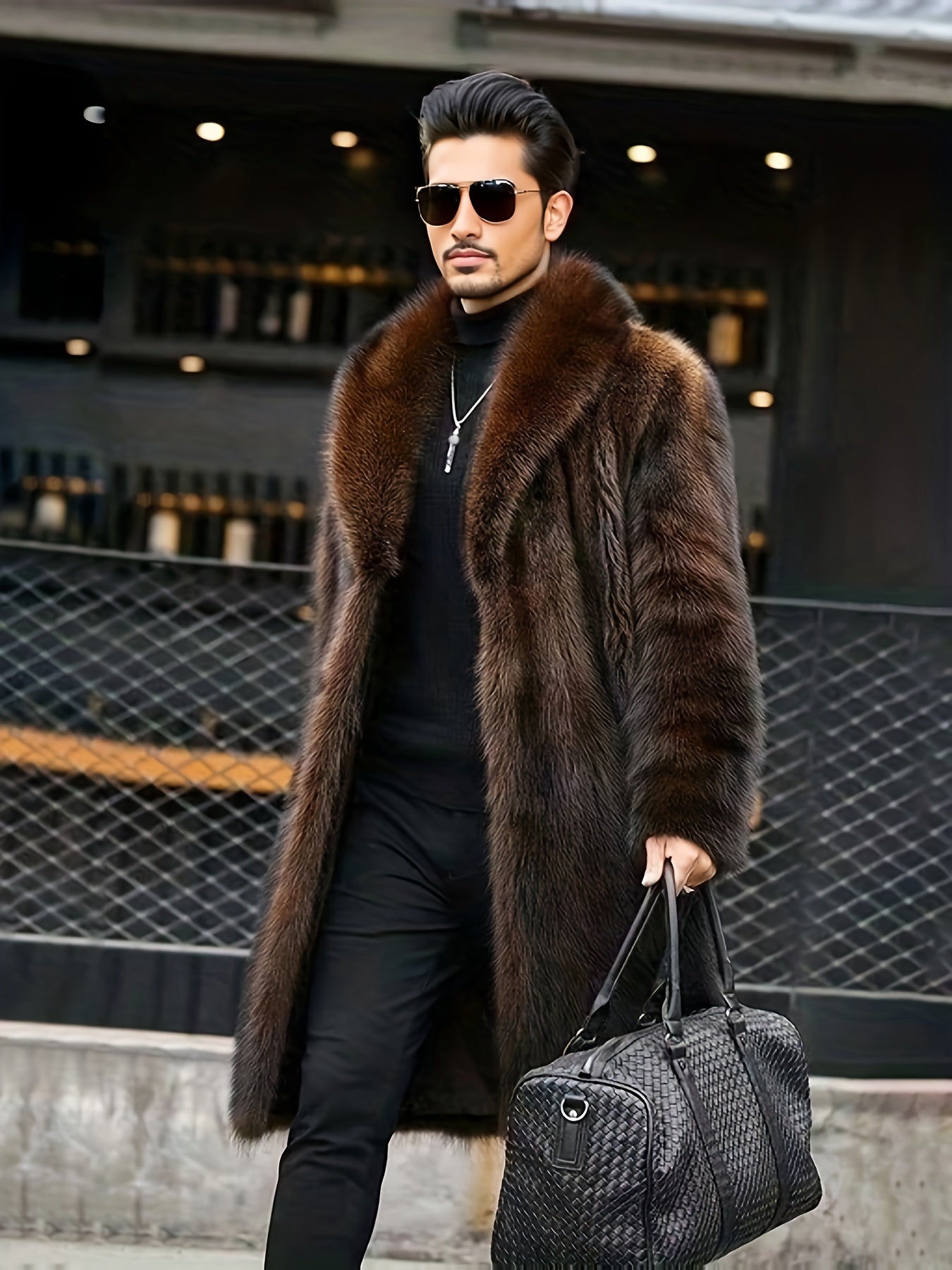 Trendy Men's Faux Fur Single-Breasted Overcoat, Warm Winter Jacket for Autumn Outdoor Leisurewear