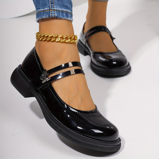 Elegant Black Mary Jane - Chic Comfort Women's Shoes with Golden Buckle, Round Toe, and Comfortable Rubber Sole - Versatile All-Season PU Cover Flats, Ladies Shoes