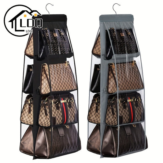 1pc LDQ Multi-Layer Handbag Organizer with 8 Pockets - Foldable Oxford Cloth Hanging Storage Rack, Space-Saving Closet Organizer for Handbags, Purses & Accessories, Durable Black & Gray Design, Perfect for Christmas, Hallowee