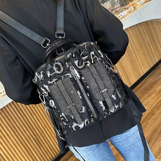 Chic Vintage-Inspired Sequin & Rhinestone Backpack For Women - Versatile Multi-Pocket Design With Detachable Straps, Zip Closure, Faux Leather Backpack Purse For Women Leather Handbags For Women