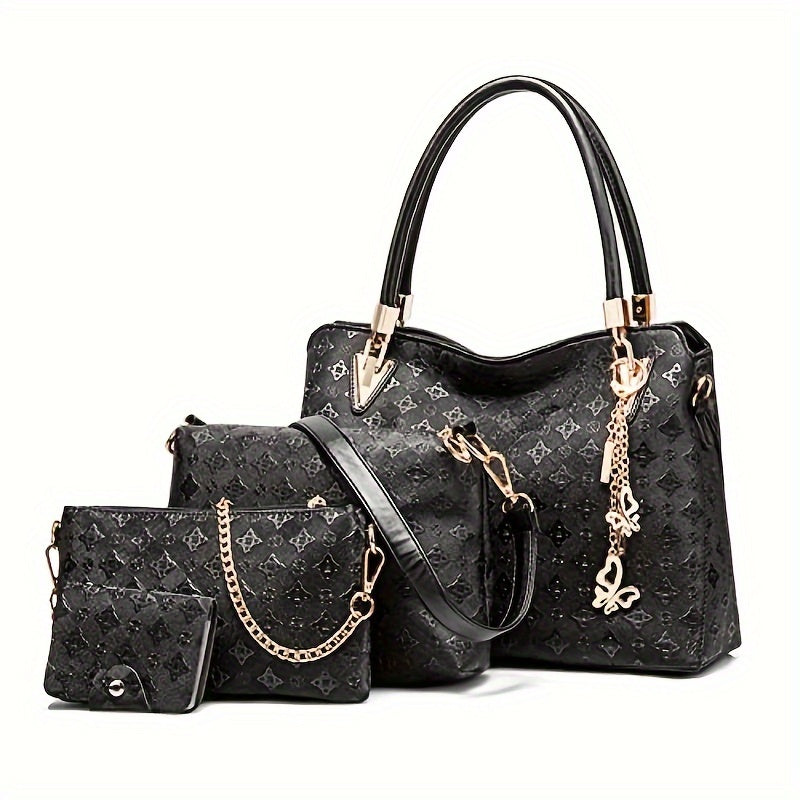 4-Piece Set of Stylish Faux Leather Purses and Handbags - Zipper Closure, Polyester Lining, Animal Print Pattern, Tote, Satchel, and Shoulder Bags for Women