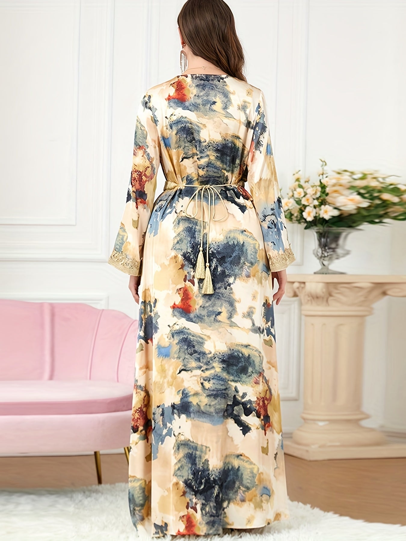 Turkish Kafan Women's Two-Piece Dress Set with V-Neck Satin Painting Kimono for Morocco Dubai Eid Fashion Dress to Show Slimming Temperament for Malaysia Indonesia Pakistan Party Long Robe