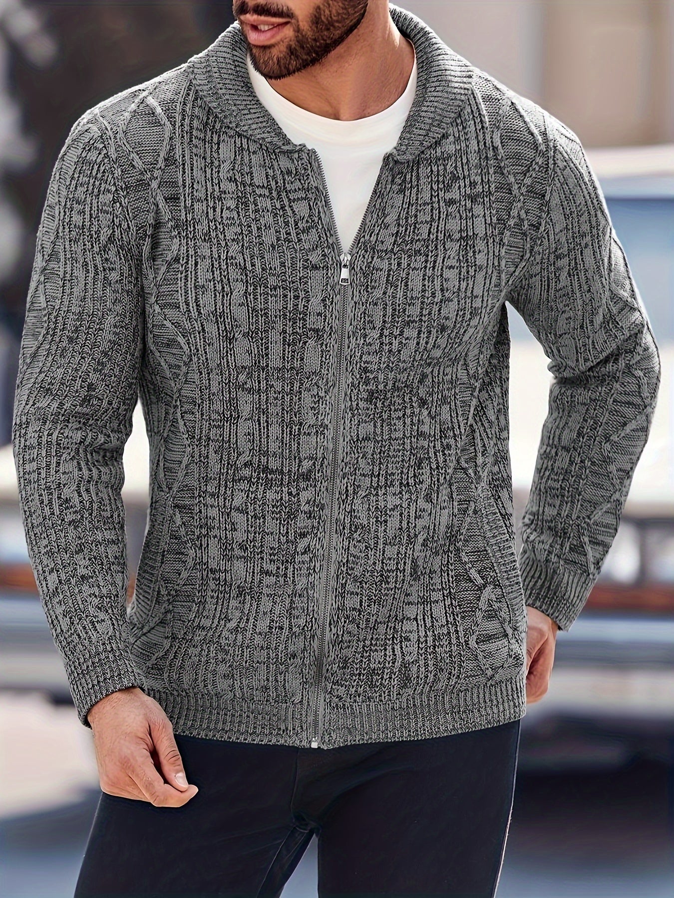 Mens Shawl Neck Cardigan Sweater Cable Knit Zip Up Closure with Pockets Winter Jacket Outerwear