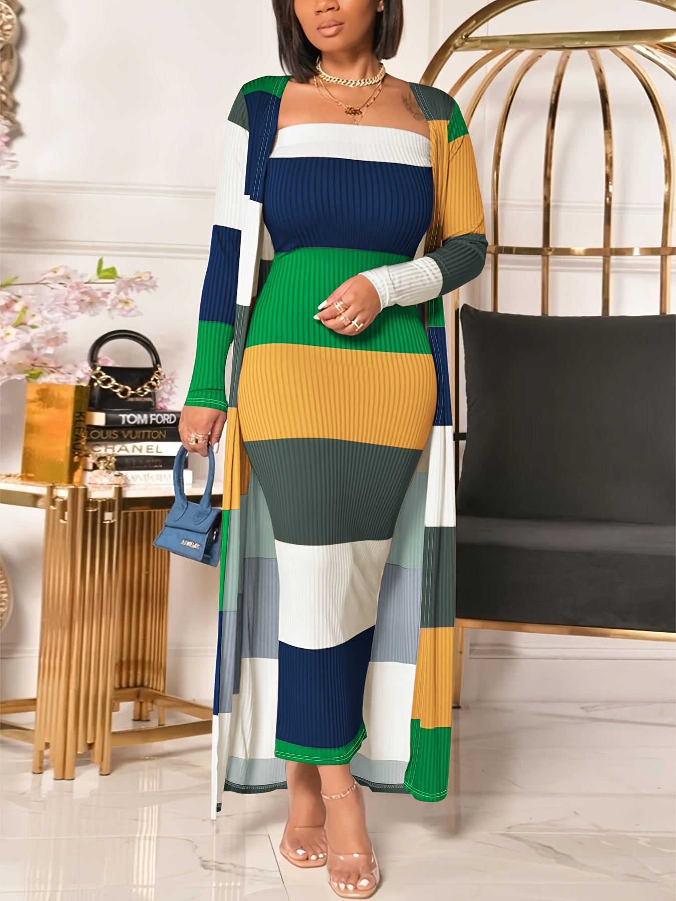 Stripe Print Two-piece Dress Set, Sleeveless Tube Dress & Open Front Long Sleeve Cardigan Outfits, Women's Clothing