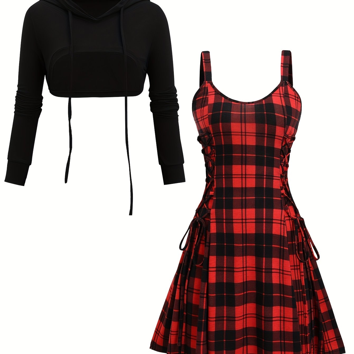 Casual Vintage Plaid Digital Print Long-Sleeve Two-Piece Dress.
