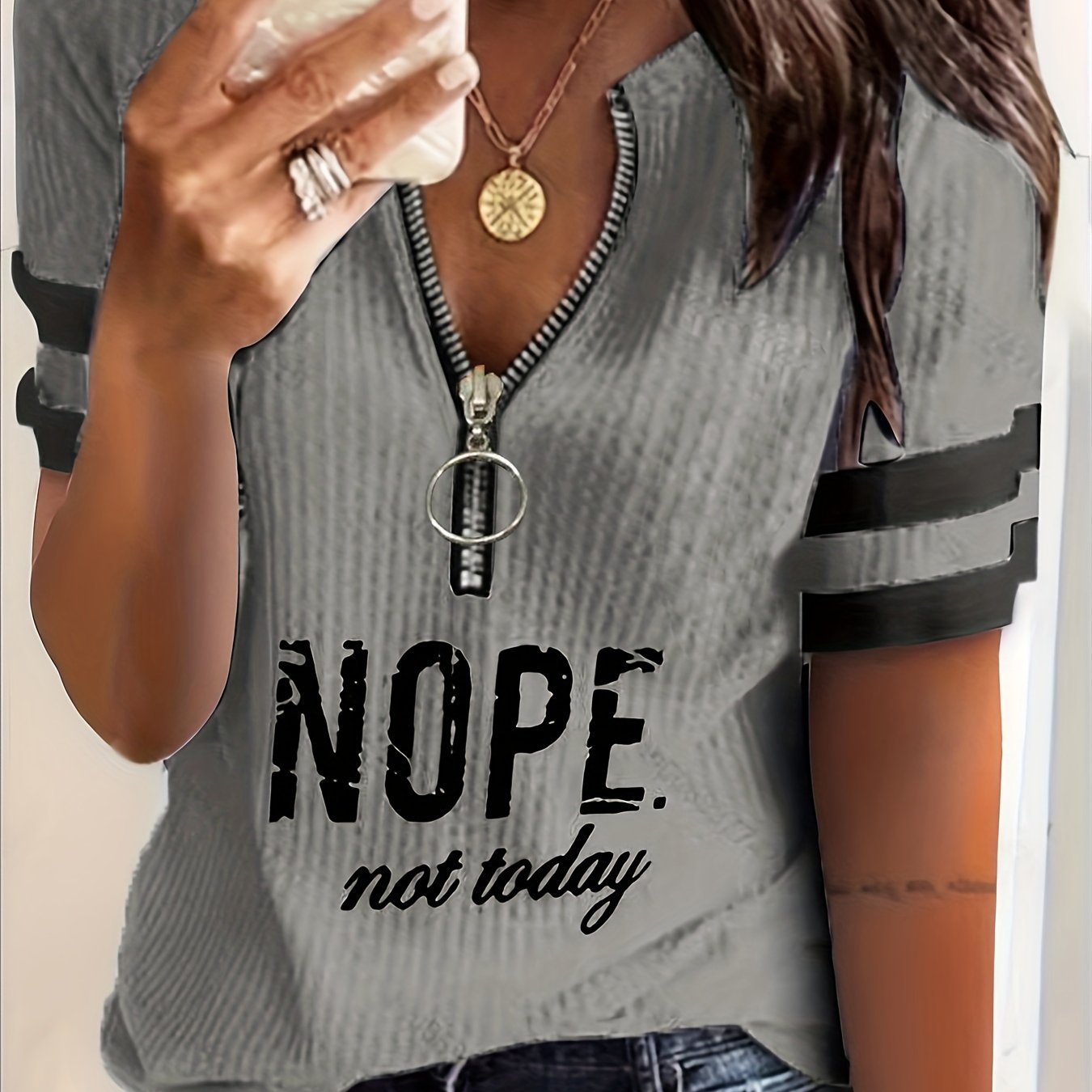 Stripe & Letter Print Zipper Front T-Shirt for Women, Casual Short Sleeve Summer Tops