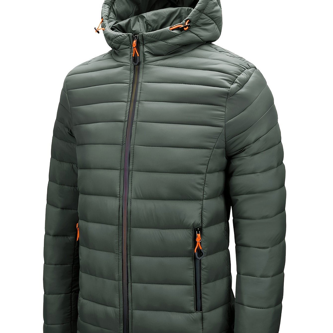 Men's Lightweight Nylon Winter Jacket - Casual Green Hooded Coat with Colorful Zipper Pockets, Warm Quilted Design, Long Sleeves, Non-Stretch Fabric for Casual Attire, Everyday Jacket|Hooded Quilted Coat|Nylon Quilted Jacket
