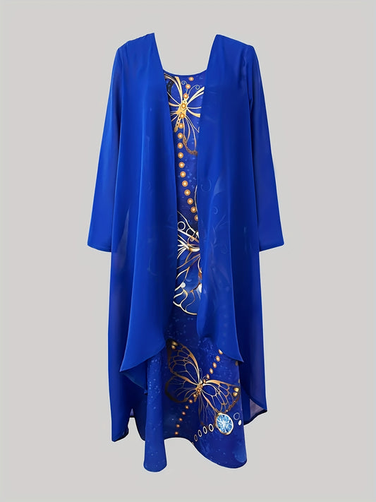 Fashion Women's V-neck Dress Set, Casual Butterfly Print Dress Set, Women's Two-piece Dress Set, Casual Dress Set, Comfortable, Cool And Breathable Dress Set