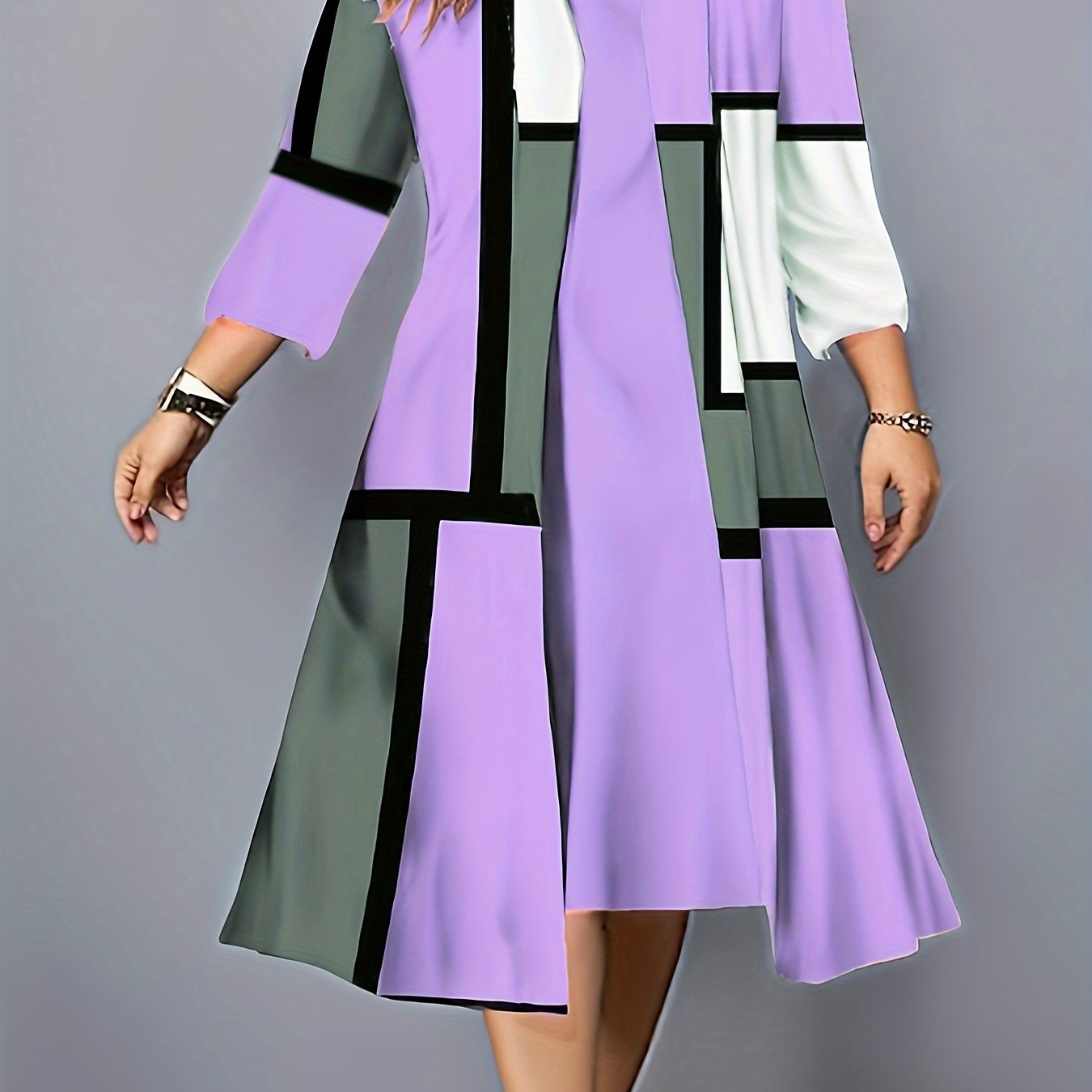 Plus Size Geometric Print Two-piece Dress Set, Crew Neck Tank Dress & 3/4 Sleeve Open Front Top Outfits, Women's Plus Size Clothing