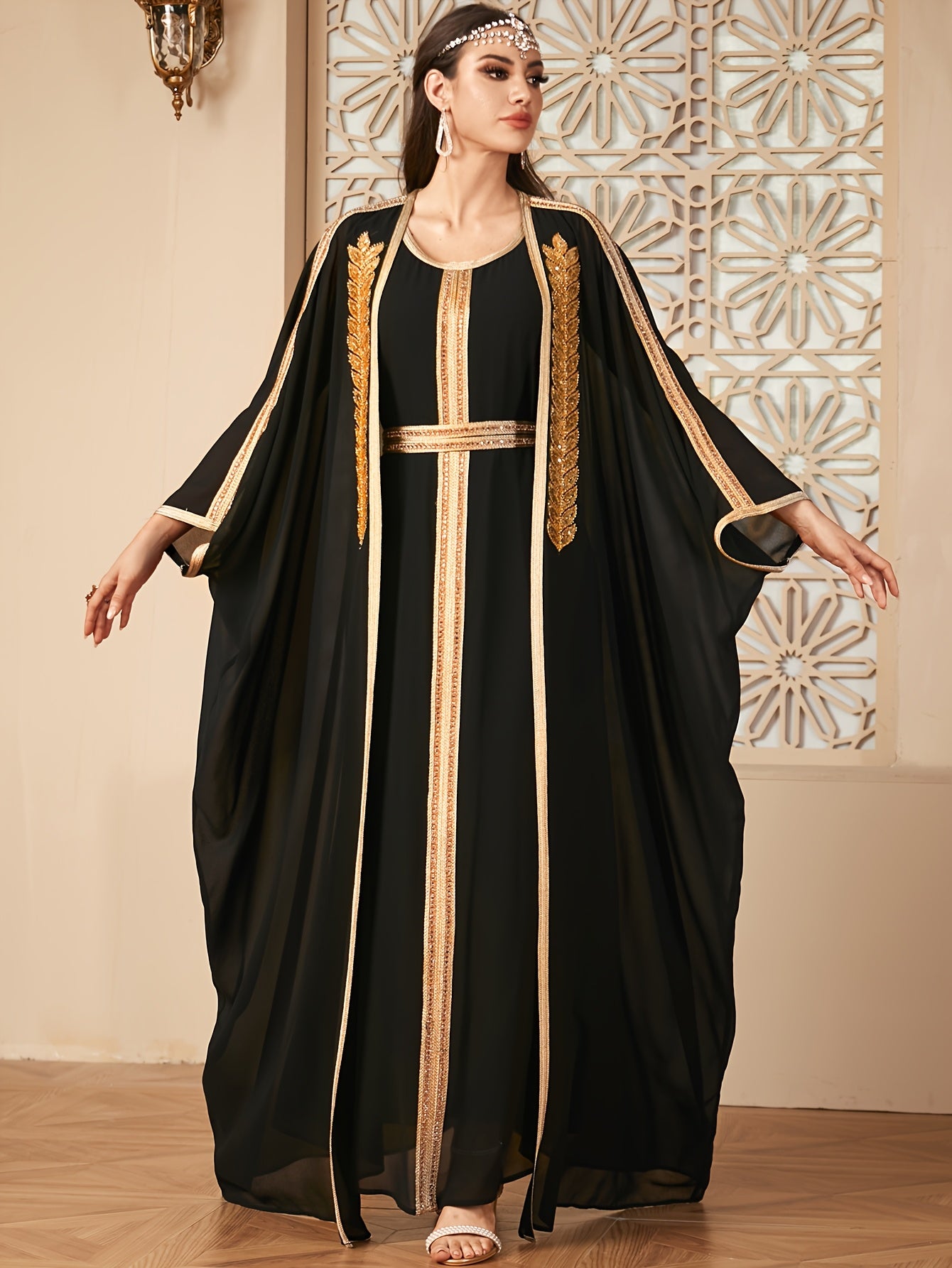 【Targeted】Middle East New Arrival Vest Dress + Open Cardigan Sequin Paneled Webbing Batwing Sleeve Long Robe Two-Piece Dress Set