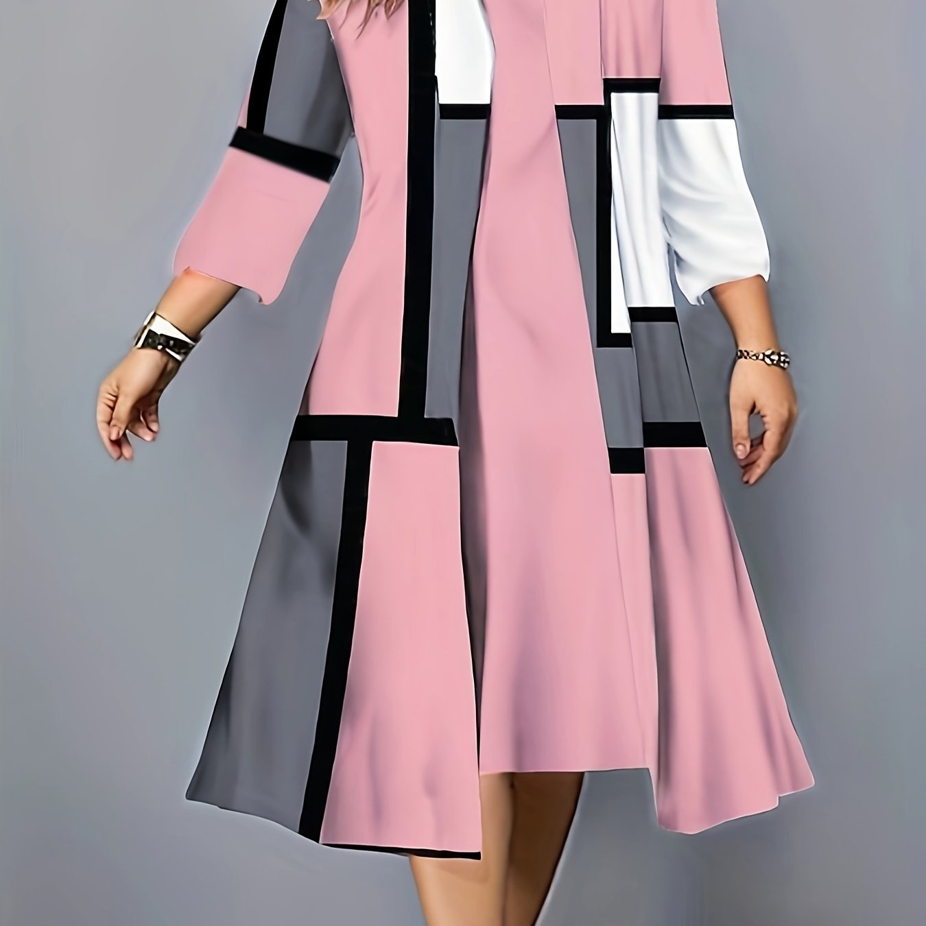 Plus Size Geometric Print Two-piece Dress Set, Crew Neck Tank Dress & 3/4 Sleeve Open Front Top Outfits, Women's Plus Size Clothing
