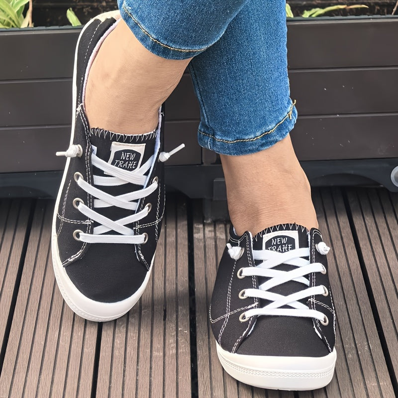 Women's Black Fashion Canvas Shoes, Flat Comfortable Breathable Light Round-headed Lace Casual Large Women's Shoes Cloth Shoes