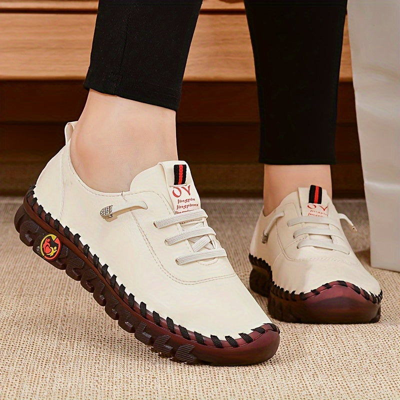 Women's Beige & Burgundy Round-Toe Casual Shoes - All-Season Synthetic Cover-like Upper with Cushioned PVC Sole, Round-Toe Walking Shoes for Square Dance, Dance Practice, Daily Wear - Comfortable Dress Footwear (Hand Washable