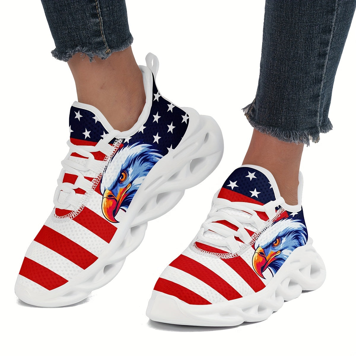 Women's American Flag & Eagle Patriotic Sneakers - Red White &  Low-Top Sneakers with Arch, Cushioned Sole, All-Season Comfort - Ideal for Casual, Sports & 4th of July Events - Breathable Mesh & Lace-Up Closure - Lightweight
