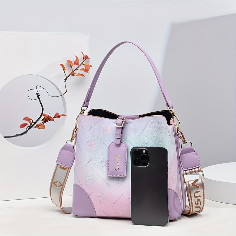Trendy Ombre Bucket Bag, Letter Print Handbag, Fashion Buckle Decor Handbags, Women'S Every Day Purses