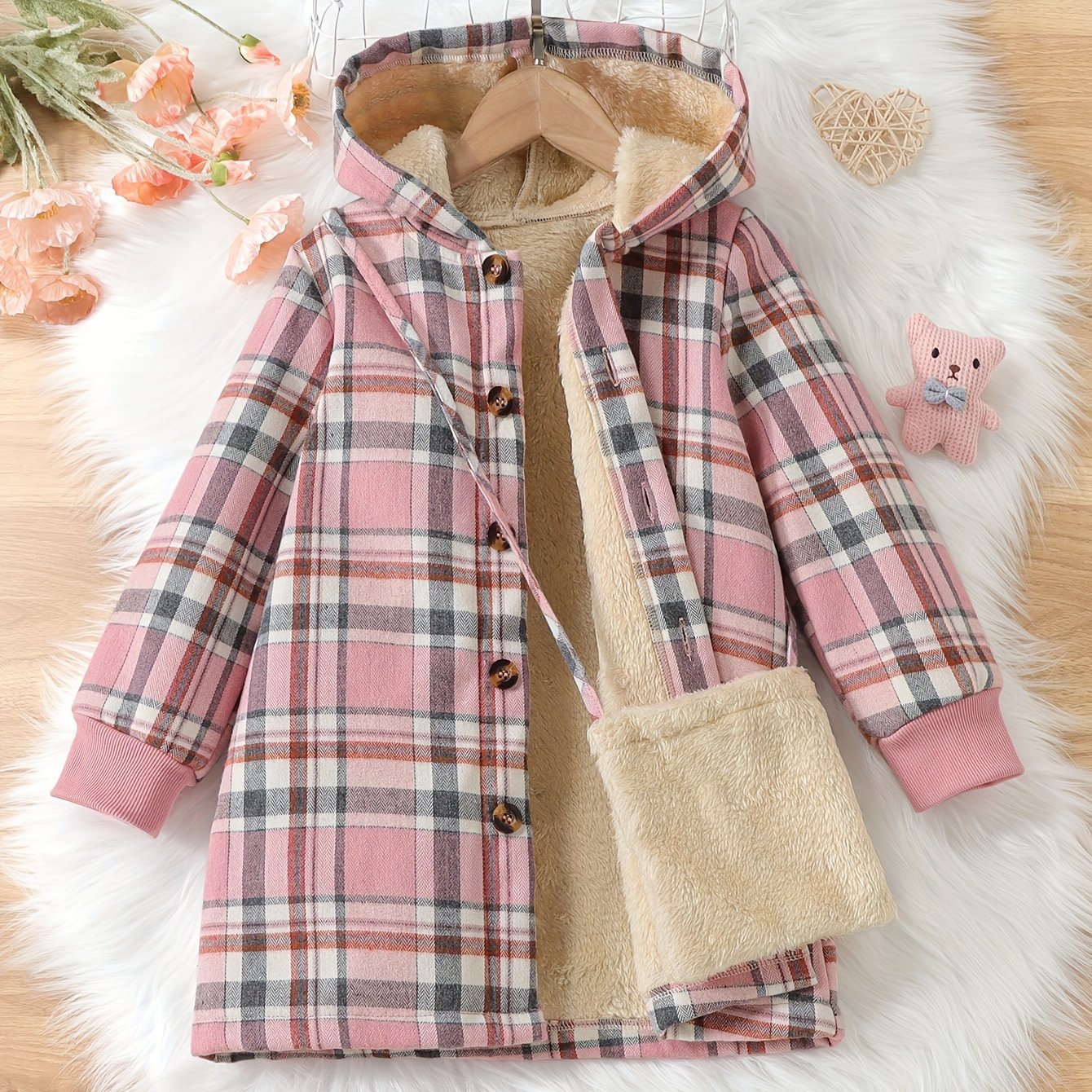 Thick Plush Liner Girls Winter Jacket & Bag, Warm Button Up Long Cardigan Hooded Coats For Autumn And Winter