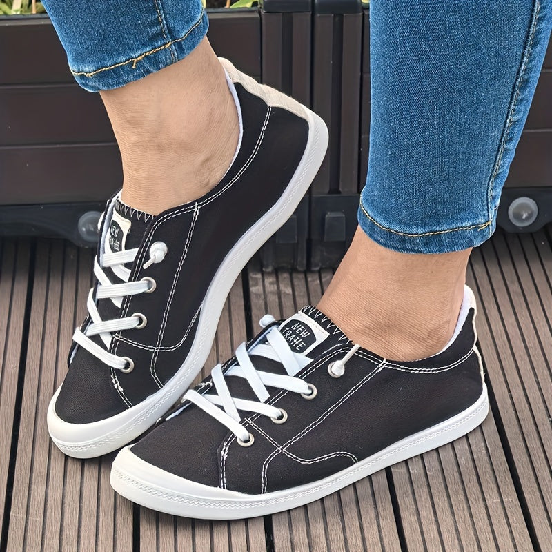 Women's Black Fashion Canvas Shoes, Flat Comfortable Breathable Light Round-headed Lace Casual Large Women's Shoes Cloth Shoes