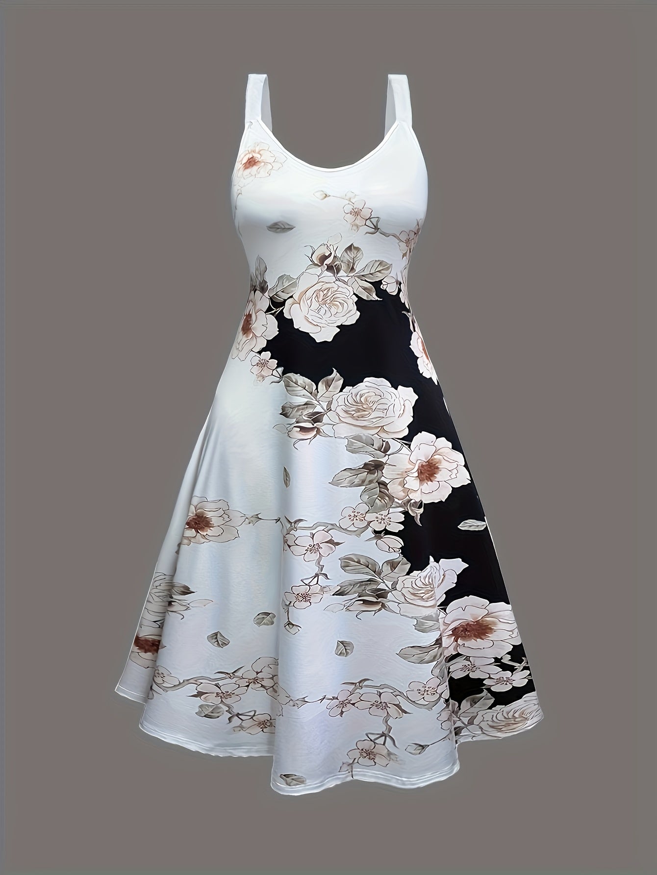 Plus Size, Plus Size Floral Print Two-piece Dress Set, Crew Neck Tank Dress & Mesh Tie Front Short Sleeve Kimono Outfits, Women's Plus Size Clothing