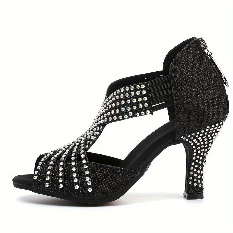 Black Color Rhinestone High Heels, Sexy Beautiful Fashion Women's Shoes, Sandals, Dance Shoes, Latin Dance Shoes For Music Festival
