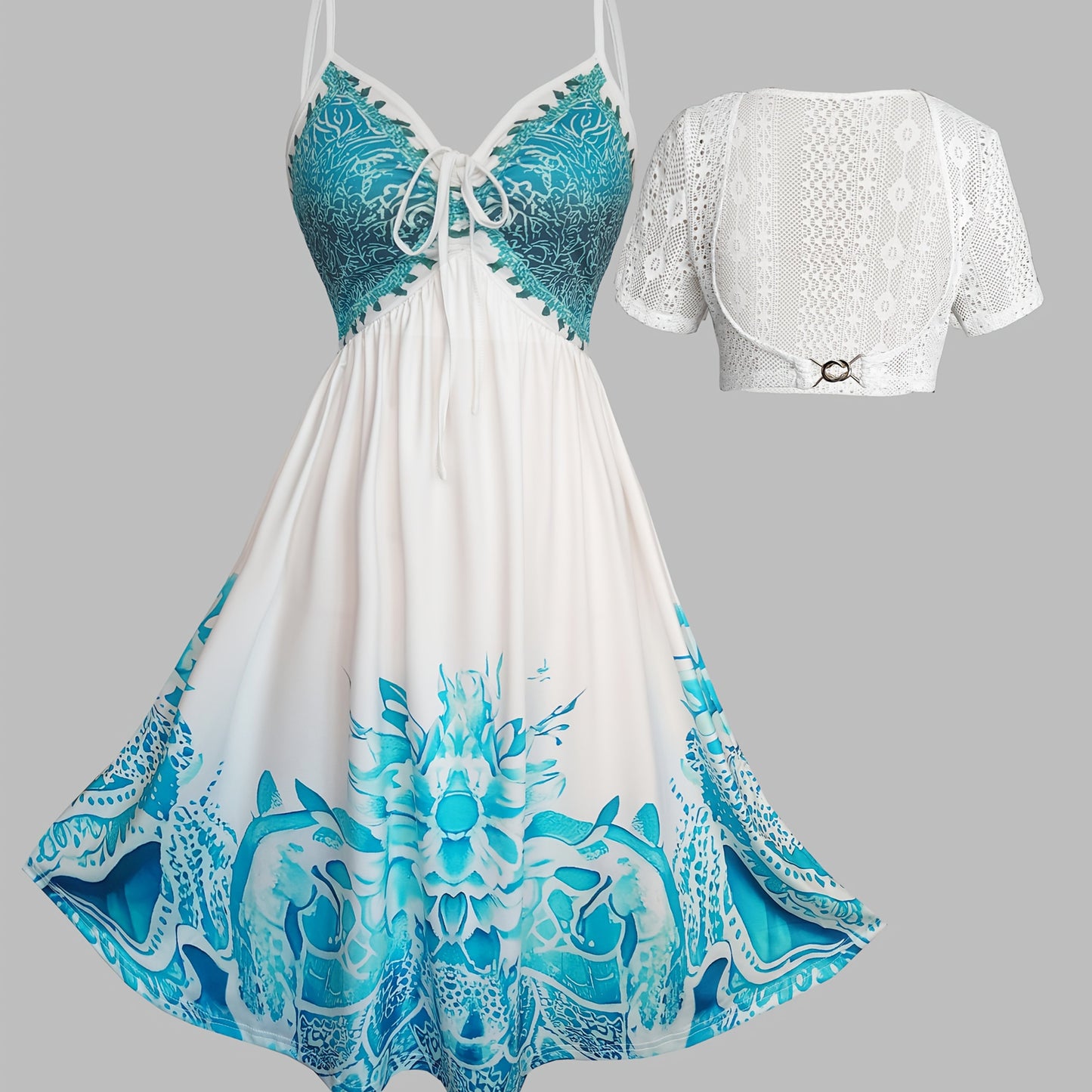 Vacation Ethnic Positioning Print Strap Skirt with Crochet Hollow Lace Short Outerwear Dress Two-Piece Set, Totem Print Vacation Two-Piece Dress Set, Spring and Summer Wearable Dress Two-Piece Set