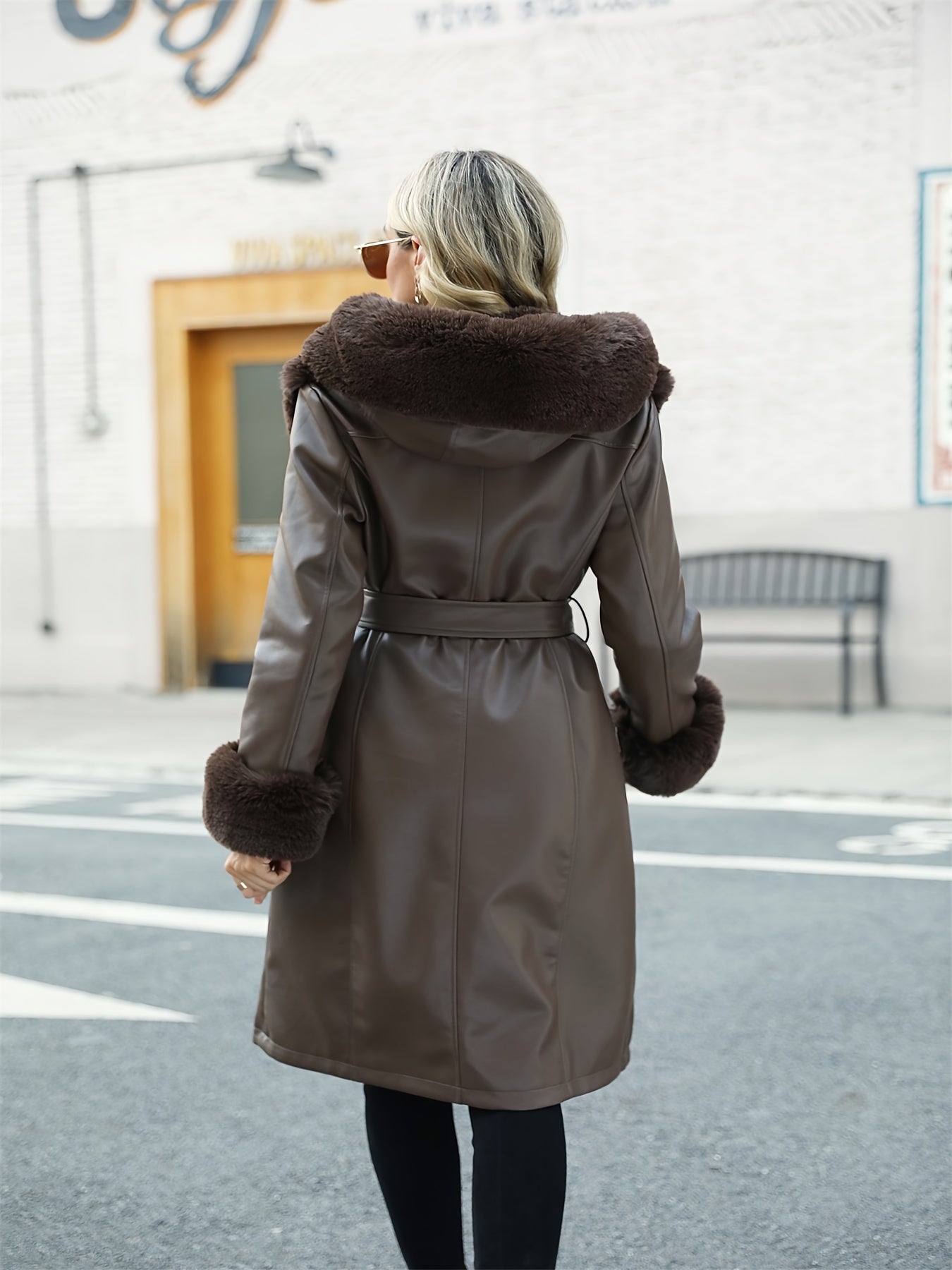 Women's Elegant Faux Fur-Trimmed PU Leather Hooded Coat - Warm Long Winter Jacket with Belt, Brown, Casual Fall/Winter Outerwear, Winter Coat