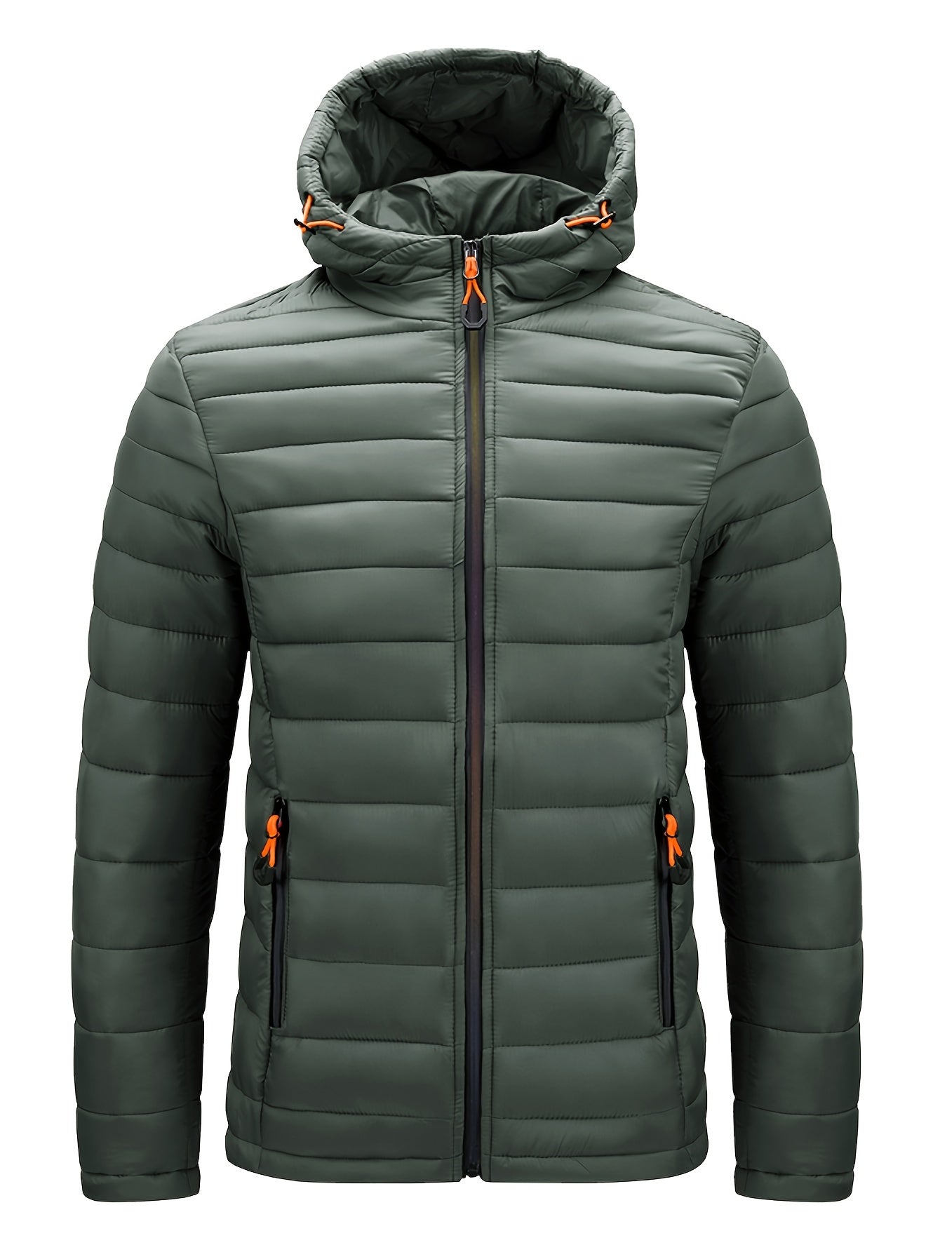 Men's Lightweight Nylon Winter Jacket - Casual Green Hooded Coat with Colorful Zipper Pockets, Warm Quilted Design, Long Sleeves, Non-Stretch Fabric for Casual Attire, Everyday Jacket|Hooded Quilted Coat|Nylon Quilted Jacket