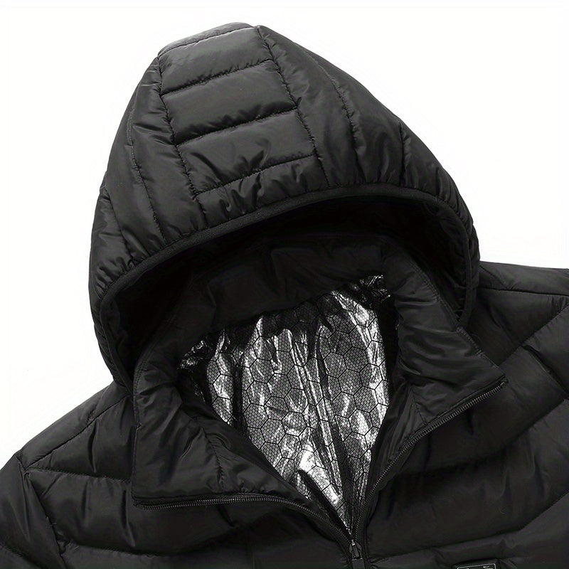 Men's Lightweight Heated Jacket - USB-Powered, Quilted Winter Coat with Adjustable Temperature Control, Zip-Up Hooded Design, Long Sleeves, Outdoor Warmth (Battery Not Included), Winter Jacket