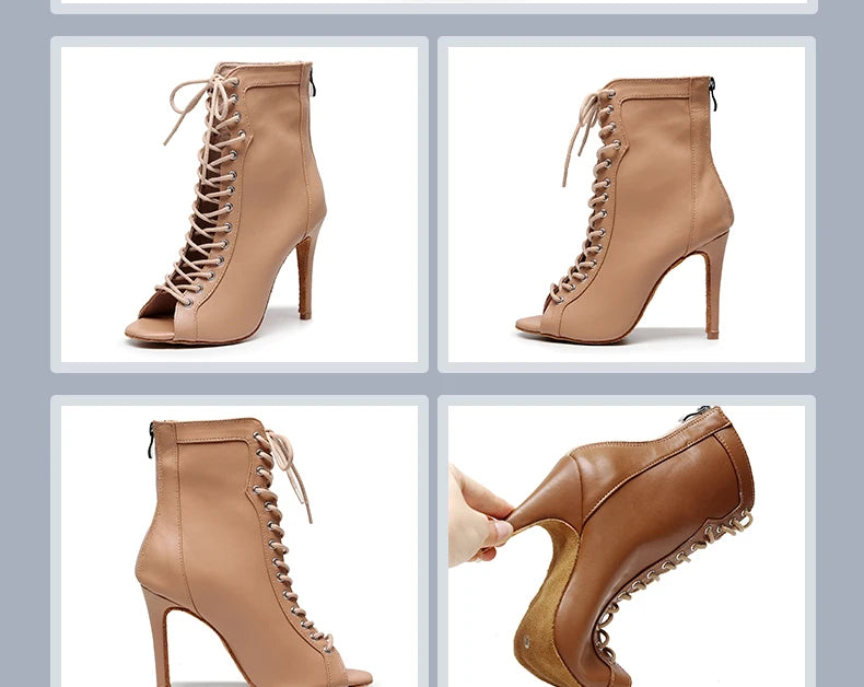 Woman Beige Black Latin Dance Booties Women Open Toe Lace Up Stiletto Bootie for Girls Suede Sole High Heel Dance Boots Shoes