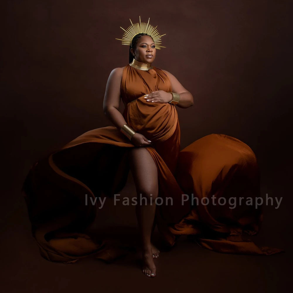 Maternity Photography Gown Sexy Elegant Long Dresses Gold Color Leather African Posing Props For Pregnant Women Photography