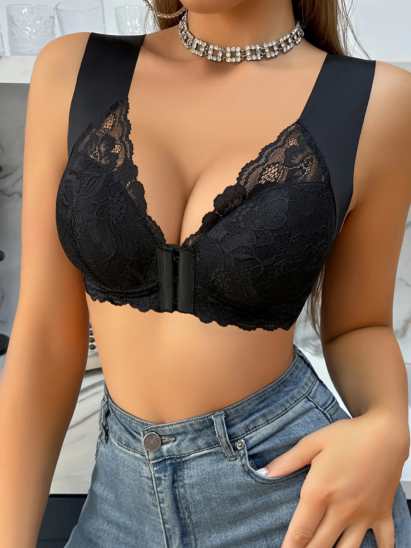 Women's sexy lace front button bra, underwire push-up, anti-sagging, high side, wide coverage, comfortable bra for all seasons