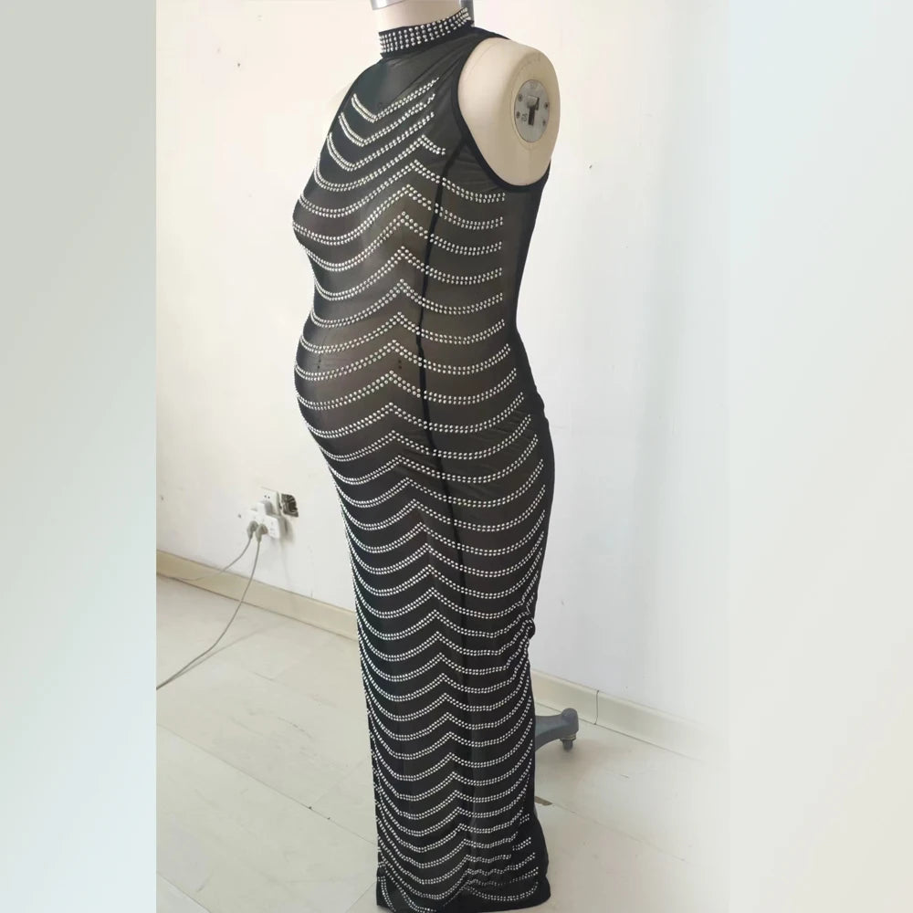 Maternity Gown For Party Sexy Shiny Goddess Bodysuit  Hot Rhinestone  For Photo Shoot Props  Plus Size Senior Pregnant
