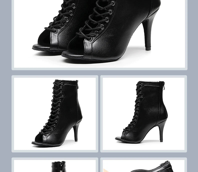Woman Beige Black Latin Dance Booties Women Open Toe Lace Up Stiletto Bootie for Girls Suede Sole High Heel Dance Boots Shoes