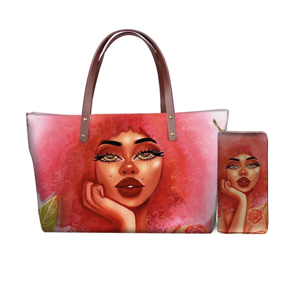 MOQ1 Customized Logo Designer Luxury Women's Handbags Black African Beauty Girl Printed Purses Set Top Handle Handbag for Summer