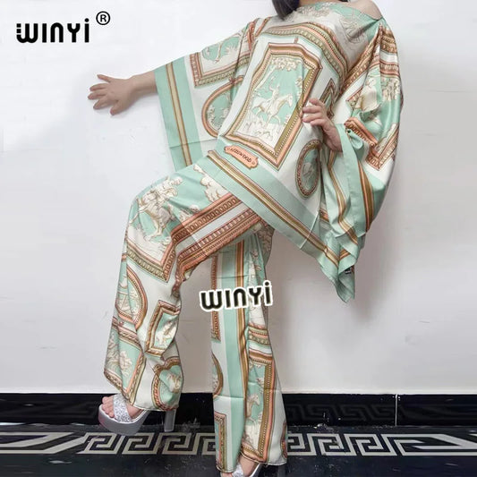 العبايات  two-piece suit Bohemian Printed Over Size V-neck Batwing Sleeve Dress Women Elastic Silk Floor Length New Fashion Tide