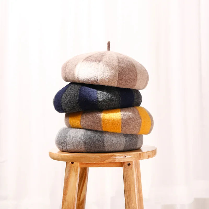 Women's Hat 100% Wool Beret Knitted Tweed Contrast Stripe Japanese Painter British Retro Autumn Winter Hats