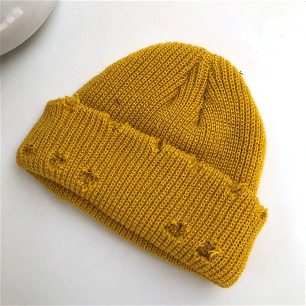 Hat for Women Autumn and Winter Ring Pin Street Hip-Hop Woolen Hats with Holes Edging Knit Cap Men's Trendy Cold-proof Beanies